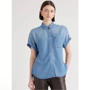 Quince Women Chambray Tencel Short Sleeve button front Shirt Indigo XL